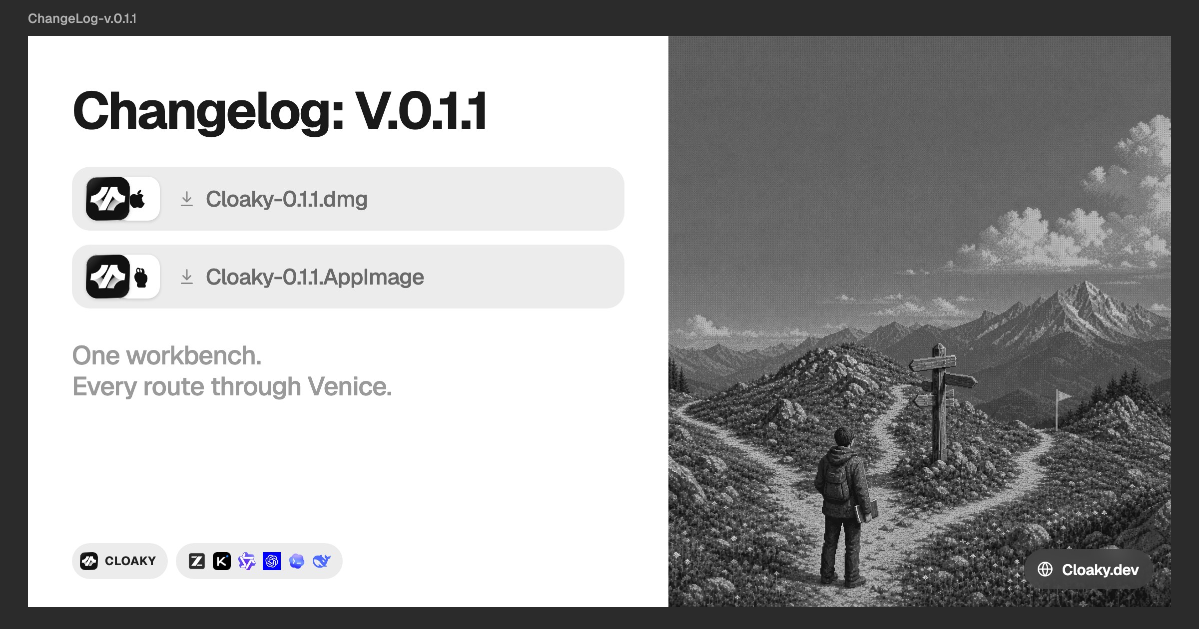 Cloaky v0.1.1 — Cloaky Base, the free workbench for Venice.
